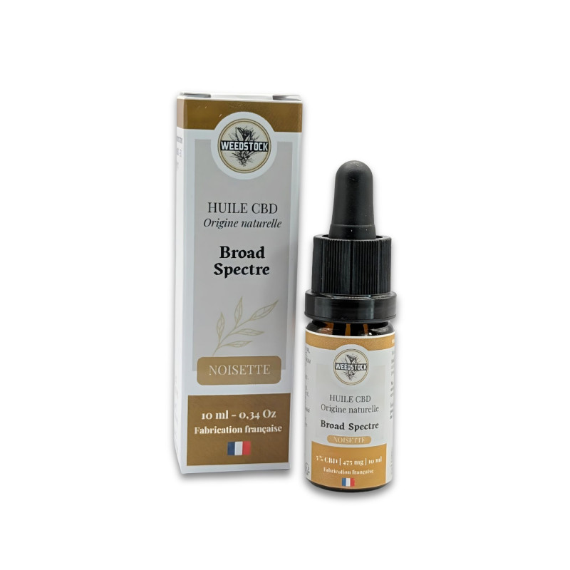 Flacon et étui d'huile CBD 5% Broad Spectre Noisette WeedStock, fabrication française